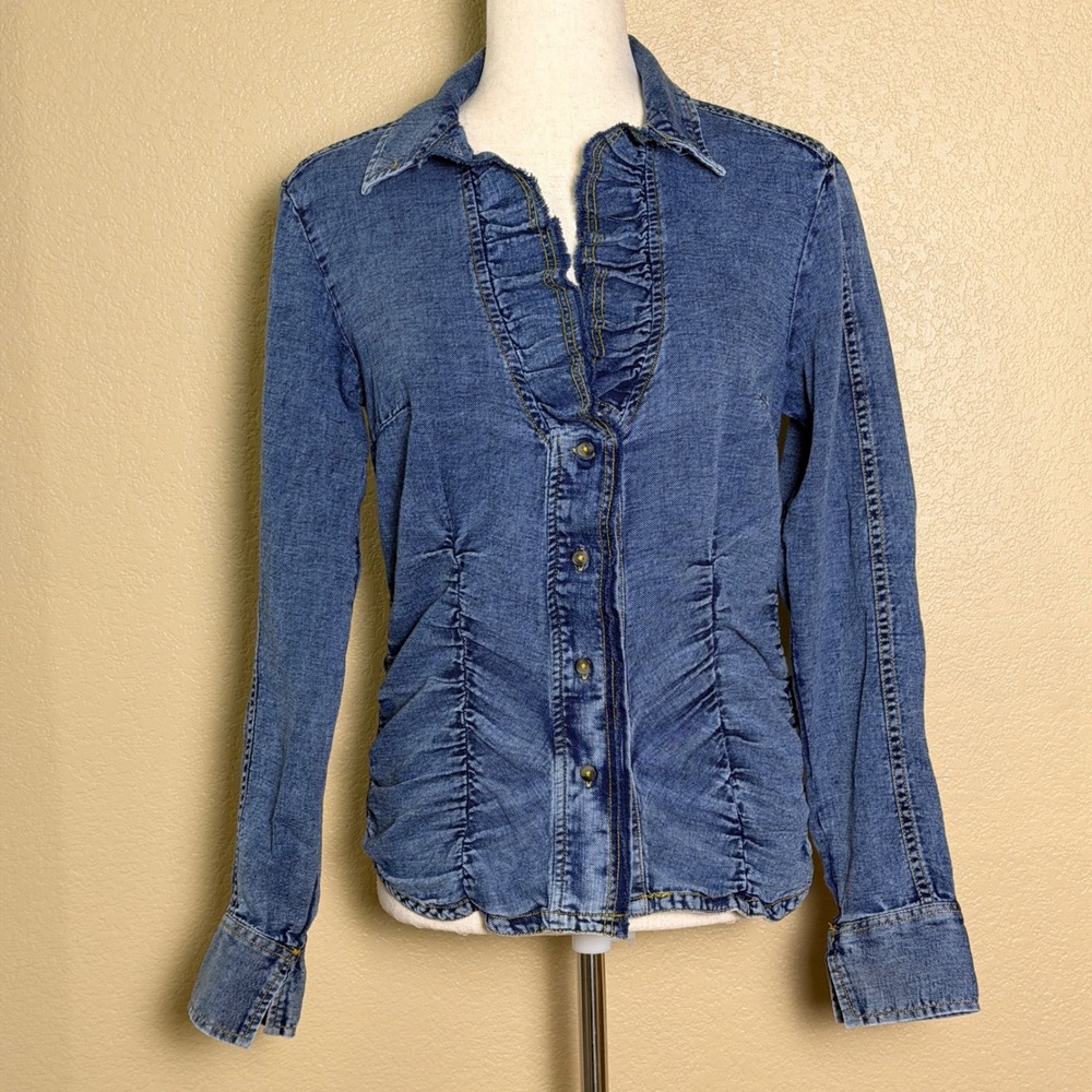 Pilcro Anthropologie Denim Ruffle Ruched Button Down Shirt Medium Wash Sm, soft